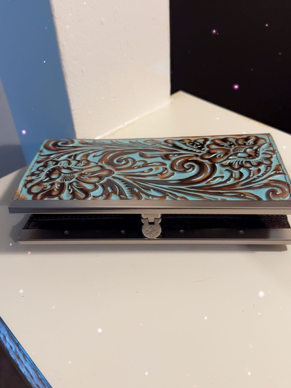 Patricia Nash Turquoise Tooled Floral Leather Wallet Clutch with Brown Accents, - Picture 2 of 6